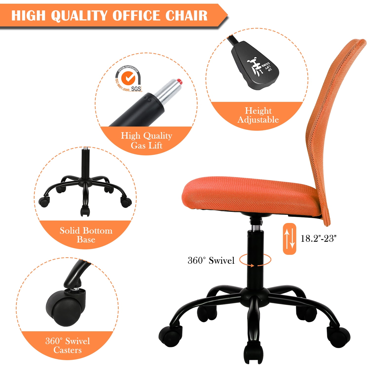 NiamVelo Armless Office Chair Ergonomic Mesh Computer Desk Chair for Adult with Lumbar Support Adjustable Rolling Task Chair, Orange