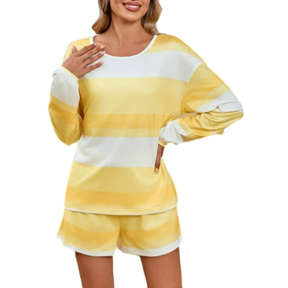 Musefolio Womens Casual Pajamas 2 Piece Lounge Set Striped Long Sleeve Top and Drawstring Shorts S-XXL