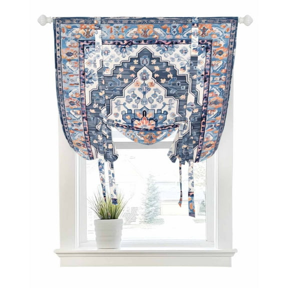 Blue Boho Tie Up Curtains for Window, Thermal Insulated Balloon Shade Adjustable Rod Pocket Curtains Valance Panels for Kitchen Bathroom Cafe 42 x 63 Ethnic Geometric Middle Century Art