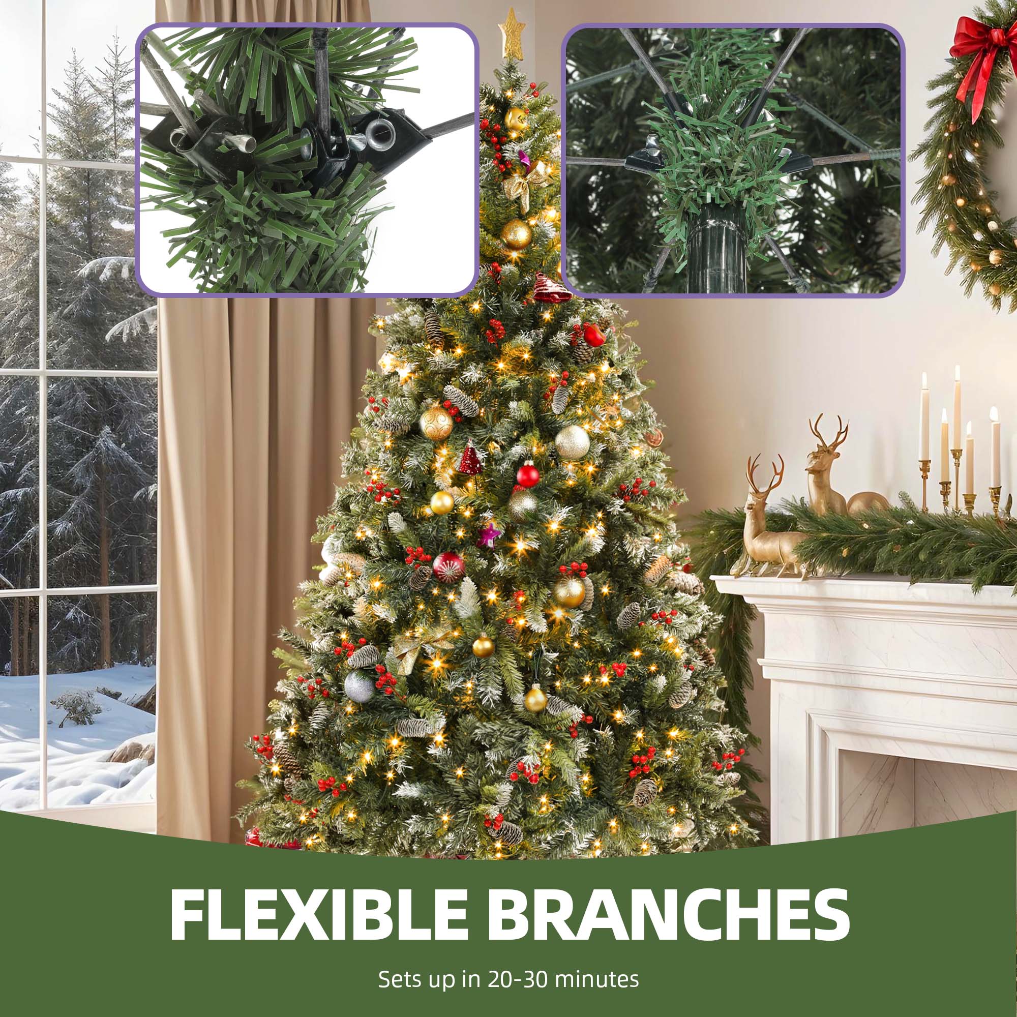 Uforic 7.5 ft Prelit Flocked Pine Artificial Christmas Tree with 1398 Tips & 550 Lights, Remote Control, Green