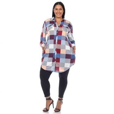 PS17558-03-2X Women Plus Size Plaid Tunic Shirt, Blue - 2XL