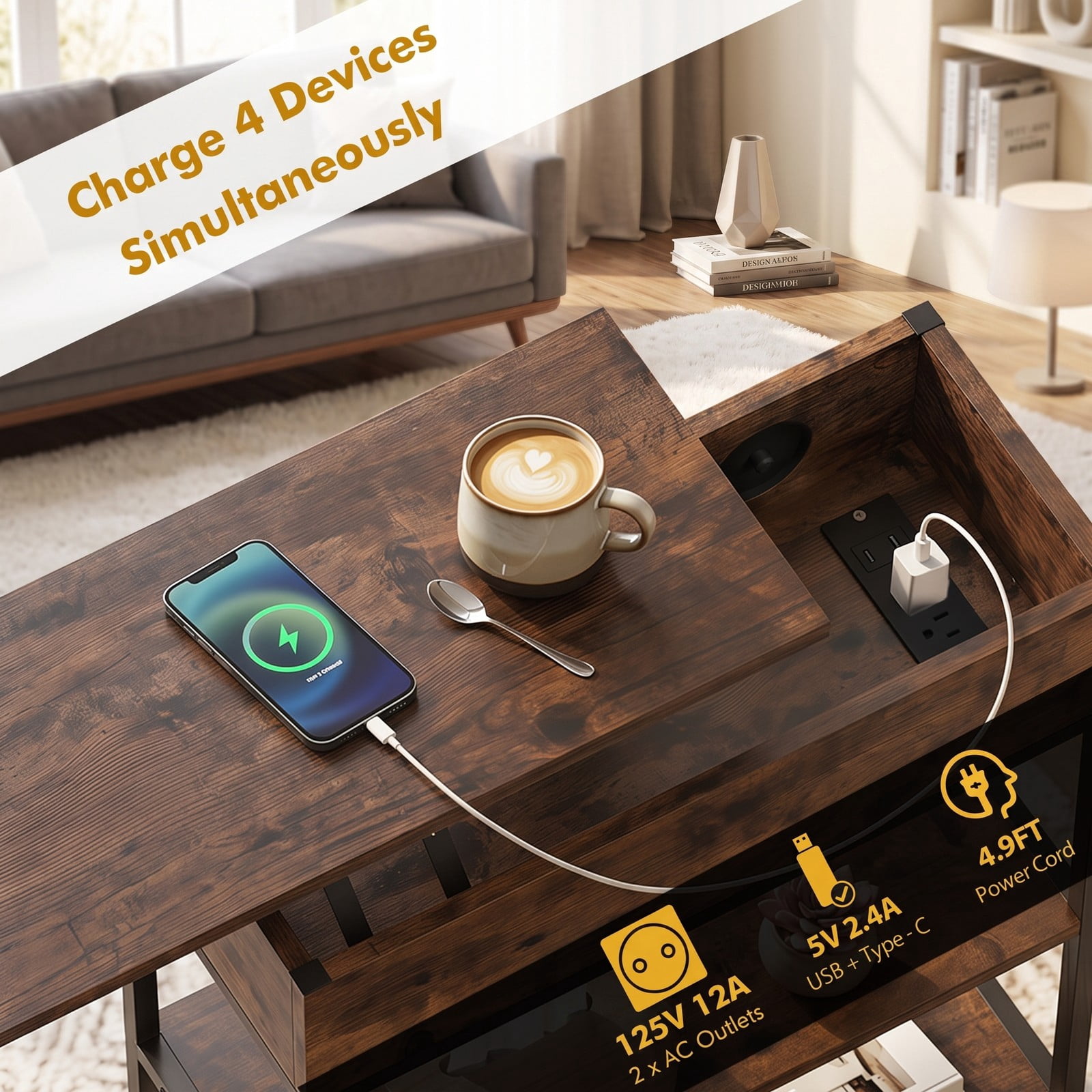 Furnibear Lift Top End Table with Charging Station and Universal Wheels, Rolling Side Table with Hidden Storage Compartment, USB & Type-C Ports, AC, Rustic Brown