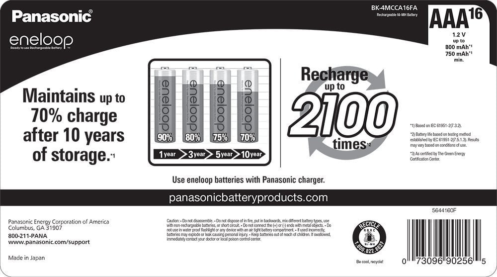 Panasonic BK-4MCCA16FA eneloop AAA 2100 Cycle Ni-MH Pre-Charged Rechargeable Batteries, 16 Pack