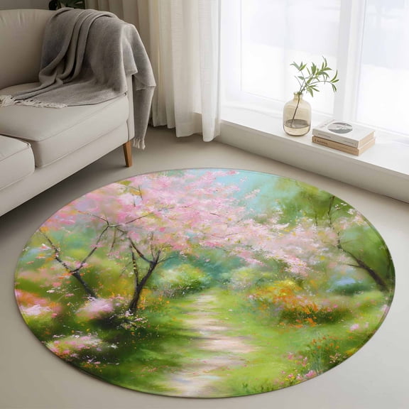 Spring Pink Green Round Area Rug 4Ft Washable Circle Rugs for Bedroom Dining Room, Pastoral Oil Painting Country Flowers Non-Slip Carpet Floor Mats Indoor Outdoor Carpet Runner Aesthetic Home Decor