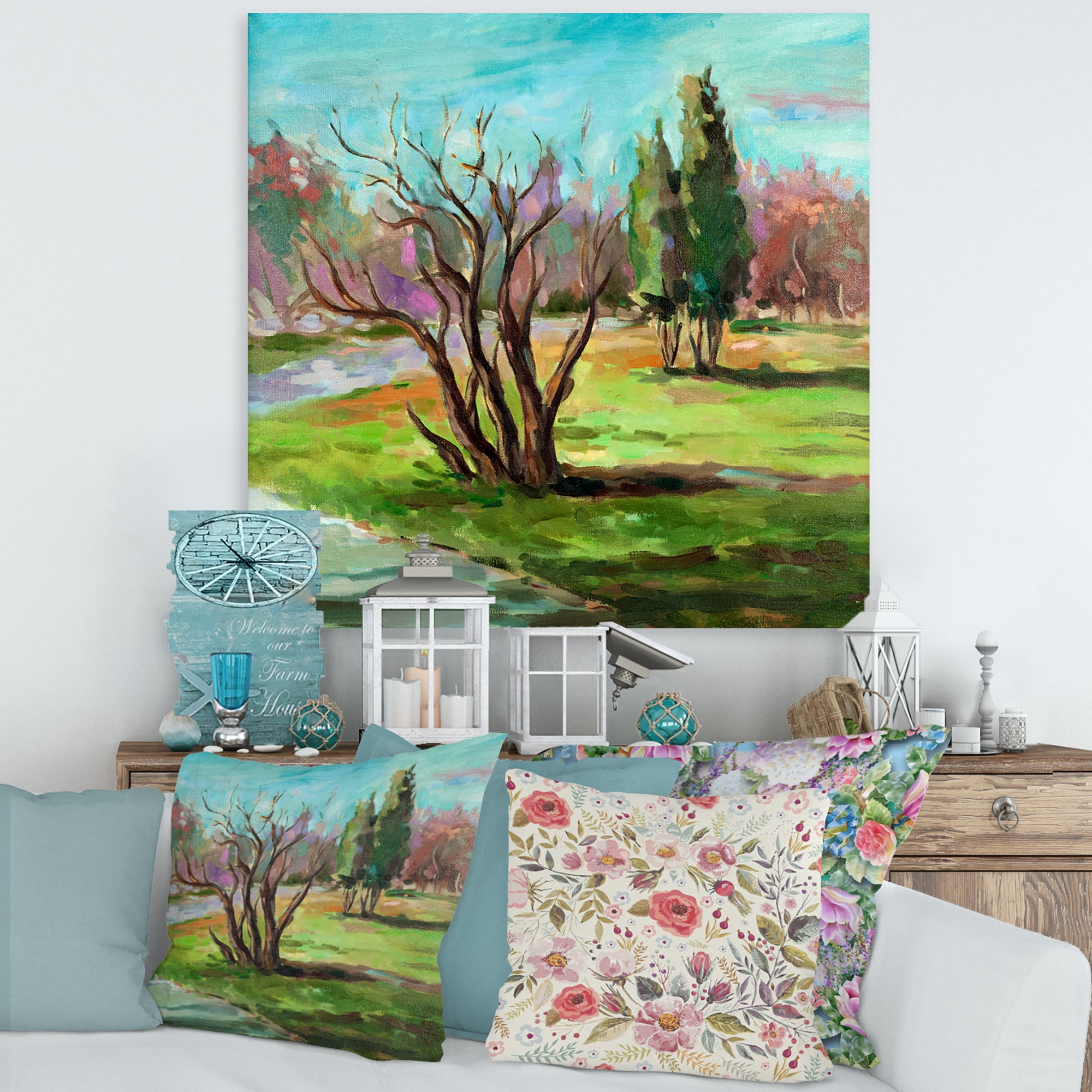 Designart ' Two Distant Trees In A Vibrant Green Landscape ' Traditional Canvas Wall Art Print
