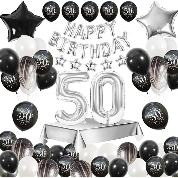 50th Birthday Decoration for Men Woman, Sliver Black Agate Garland Kit with Happy Birthday Banner, 50th Birthday Decorations Party Supplies Decor