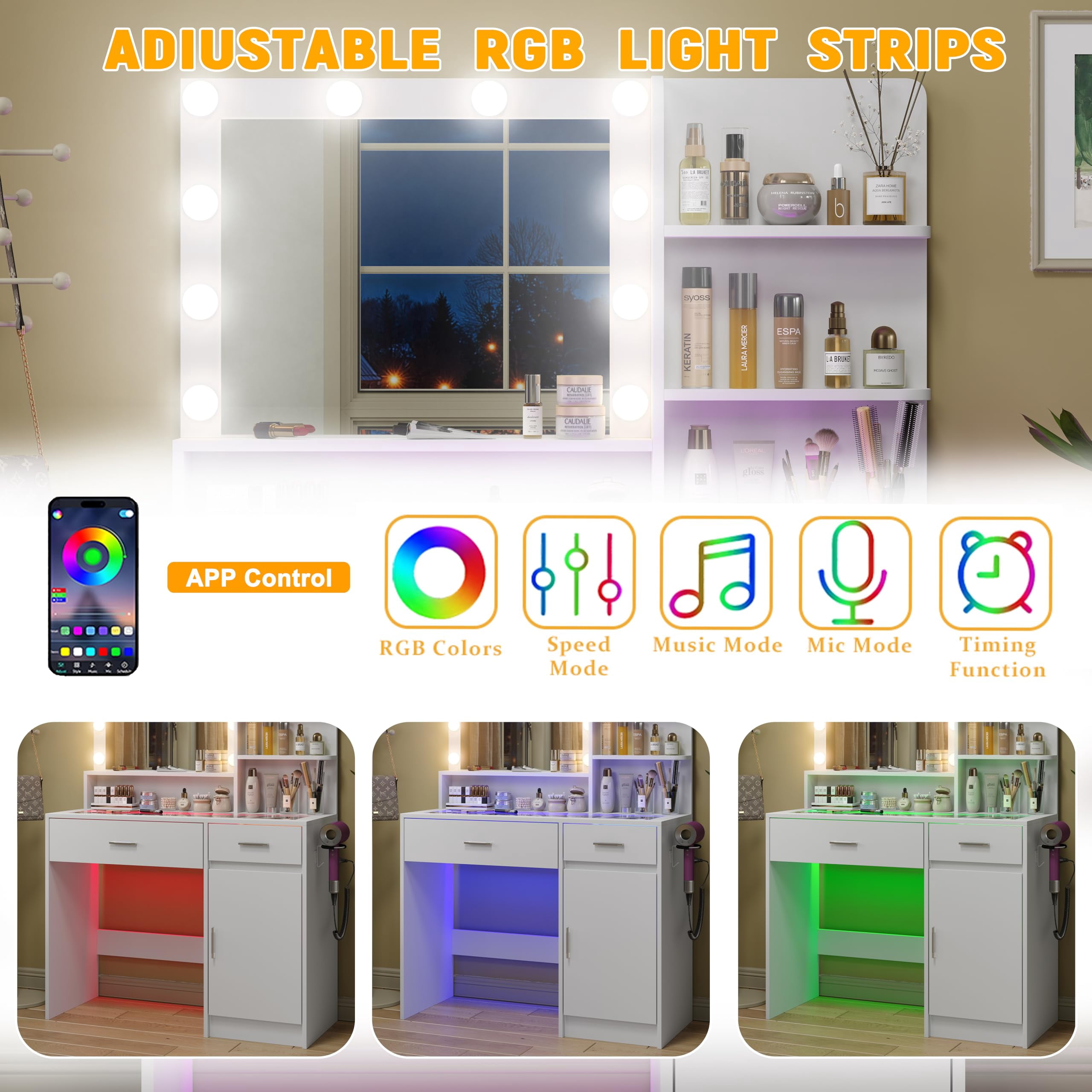 White Vanity Desk with Mirror & LED Lights, Glass Top, Power Outlet, 36 Modes Dimmable RGB Drawers, Makeup Dressing Table for Bedroom