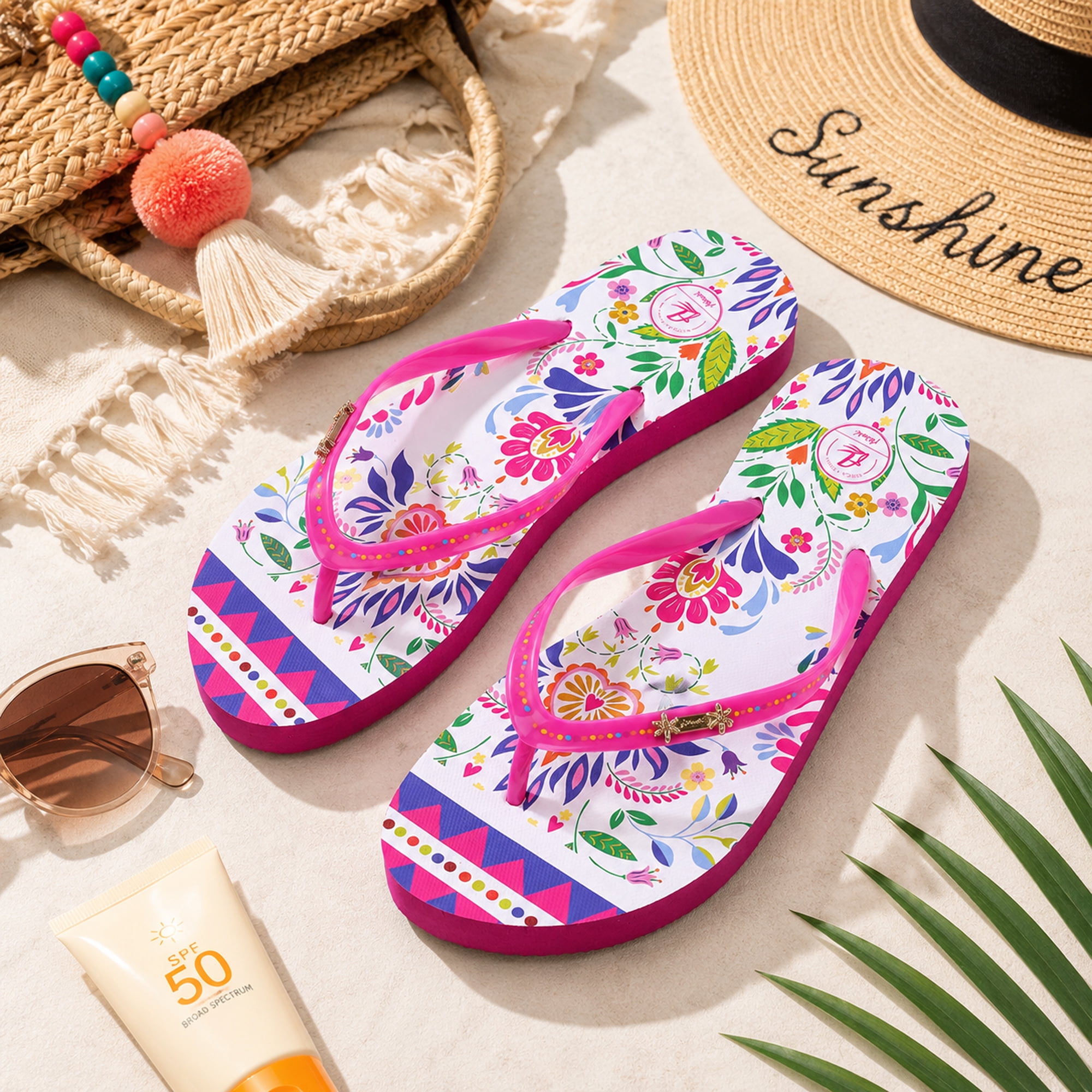 Women’s Tropical Flip Flops, Lightweight Summer Thong Sandals, Floral Beach Pool Vacation Shoes with Pink Strap