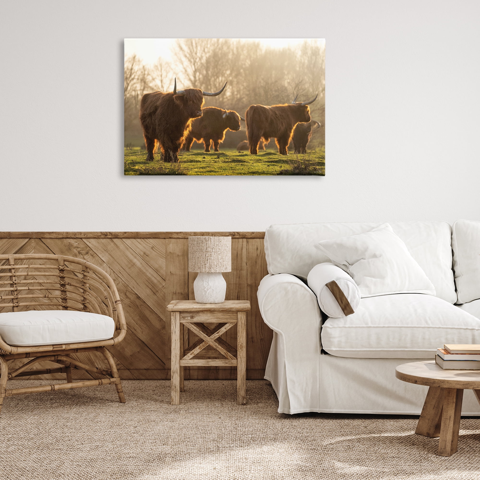 Stupell Industries Longhorns in Foggy Pasture Animals & Insects Photography Gallery Wrapped Canvas Art Print Wall Art, 36 x 24