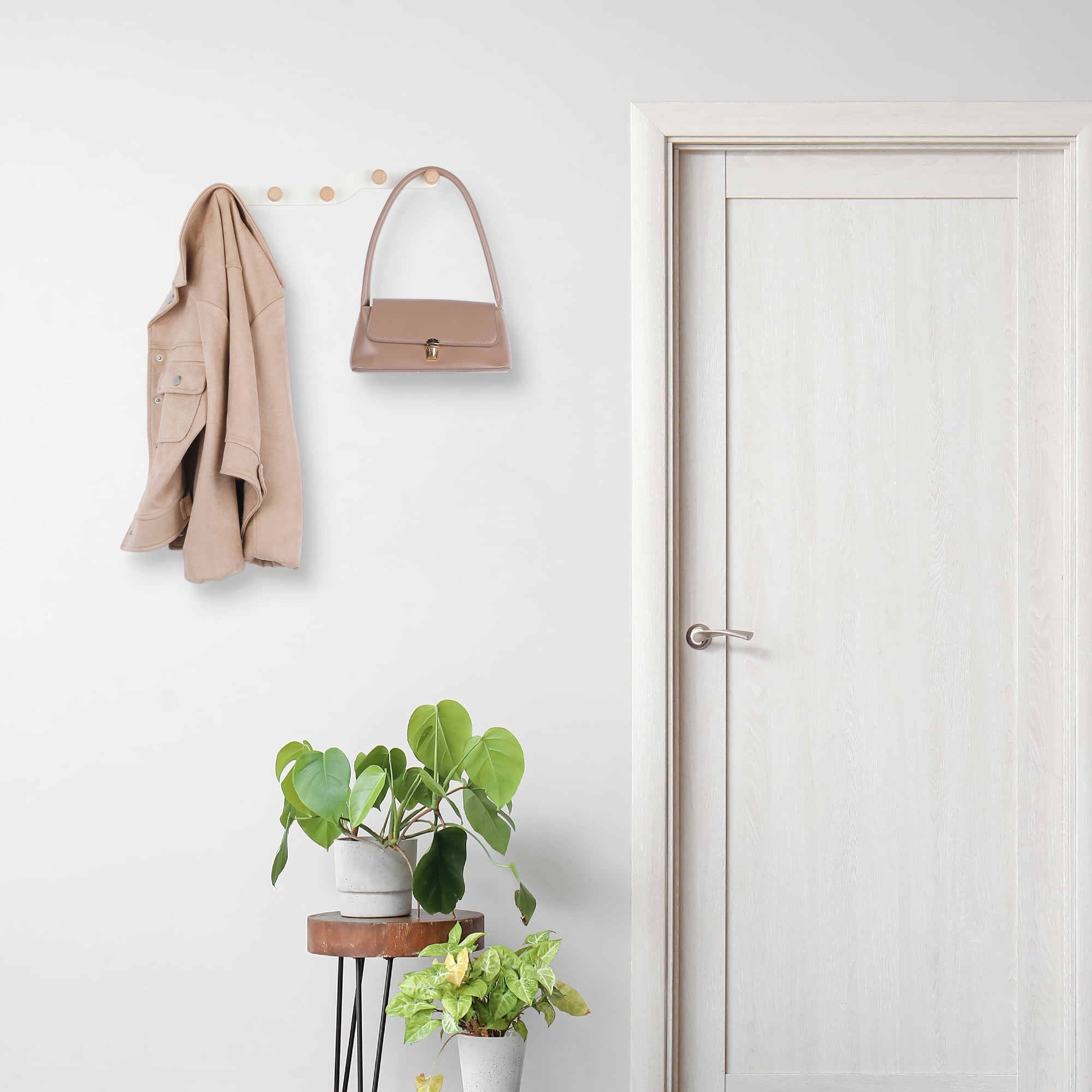 Unique Bargains Coat Rack Wall Mount Metal Wood Coat Hook for Hanging with 5 Hooks White
