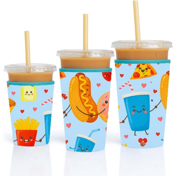 Iced Coffee Sleeve 3-Pack (S/M/L), Neoprene Insulated Cup Sleeves for 16/24/32 oz -- Cold Drink Sleeve, Anti-Condensation, Folds Flat (Snack Buddies)