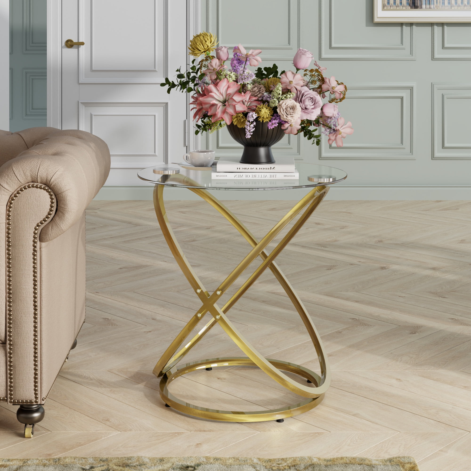 Modern Round Glass Coffee Table –Side Table with Elegant Gold Metal Frame and Tempered Glass Top,Perfect End Table for Living Room, Bedroom, or Office