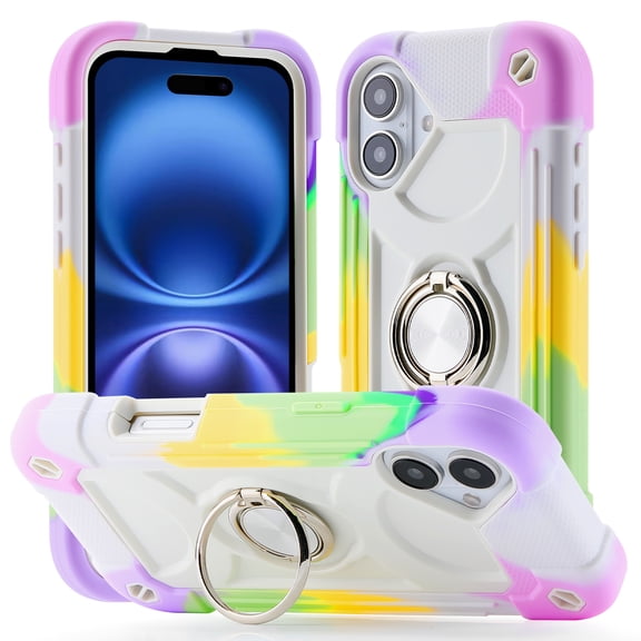 ShellTech Compatible with iPhone 14 Plus Rubber Hybrid Armor Case Built-in 360°Rotating Ring Stand, Military Grade Drop Protection Full Body Rugged Heavy Duty Durable Cover,H Beige Purple