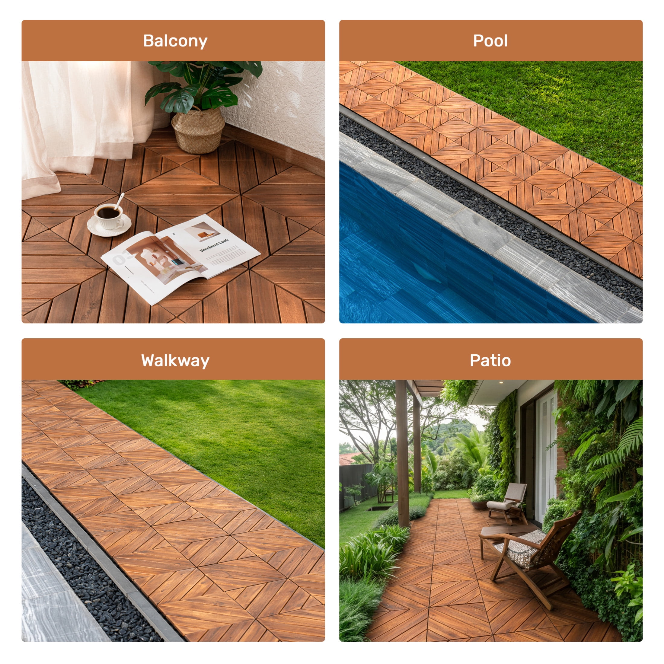 Noble House 12" x 12" Interlocking Deck Tiles, Diagonal Pattern Acacia Wood Outdoor Floor Decking, Brown, Set of 10