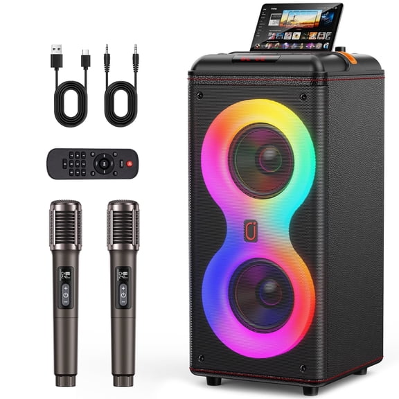 JYX Party Speaker, Portable Outdoor Bluetooth Speaker with 2 Microphones, Led Lighting, Retro Leather Deep Bass PA System for Singing, T39