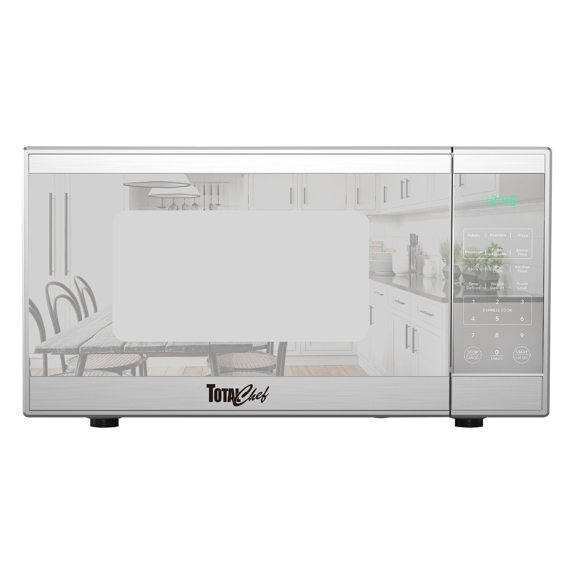 Total Chef Compact Countertop Microwave Oven, 1.3 Cu Ft. 1100W, 10 Power Levels, 6 Auto Cook Pre-Sets, Express Cook, Digital Touchscreen Controls, Child Lock, Timer, Mirrored Finish, Stainless Steel