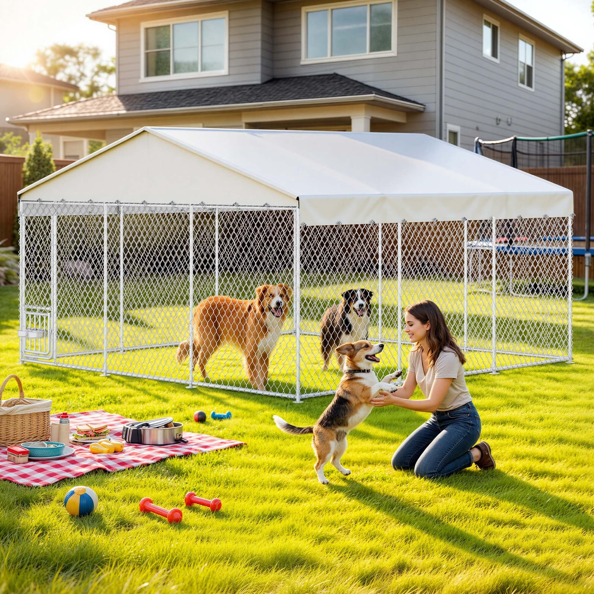 Dextrus 14.8×14.8×7.9FT Heavy Duty Outdoor Dog Kennel, Rotating Feeder Bowls & UV-Resistant Waterproof Cover, Yard Dog Enclosure for Medium Large Dogs