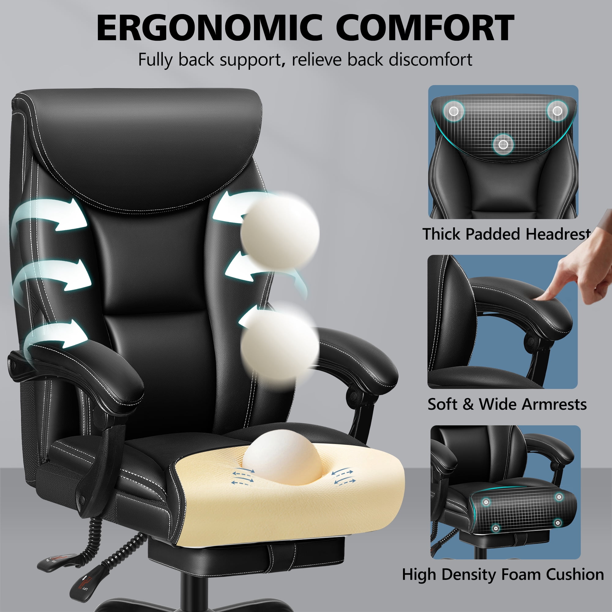 ATHOPE Executive Office Chair, 500lbs Big and Tall Leather Desk Chair with Footrest, Adjustable Height, Ergonomic Computer Chair with Lumbar Support For Home Office, Black