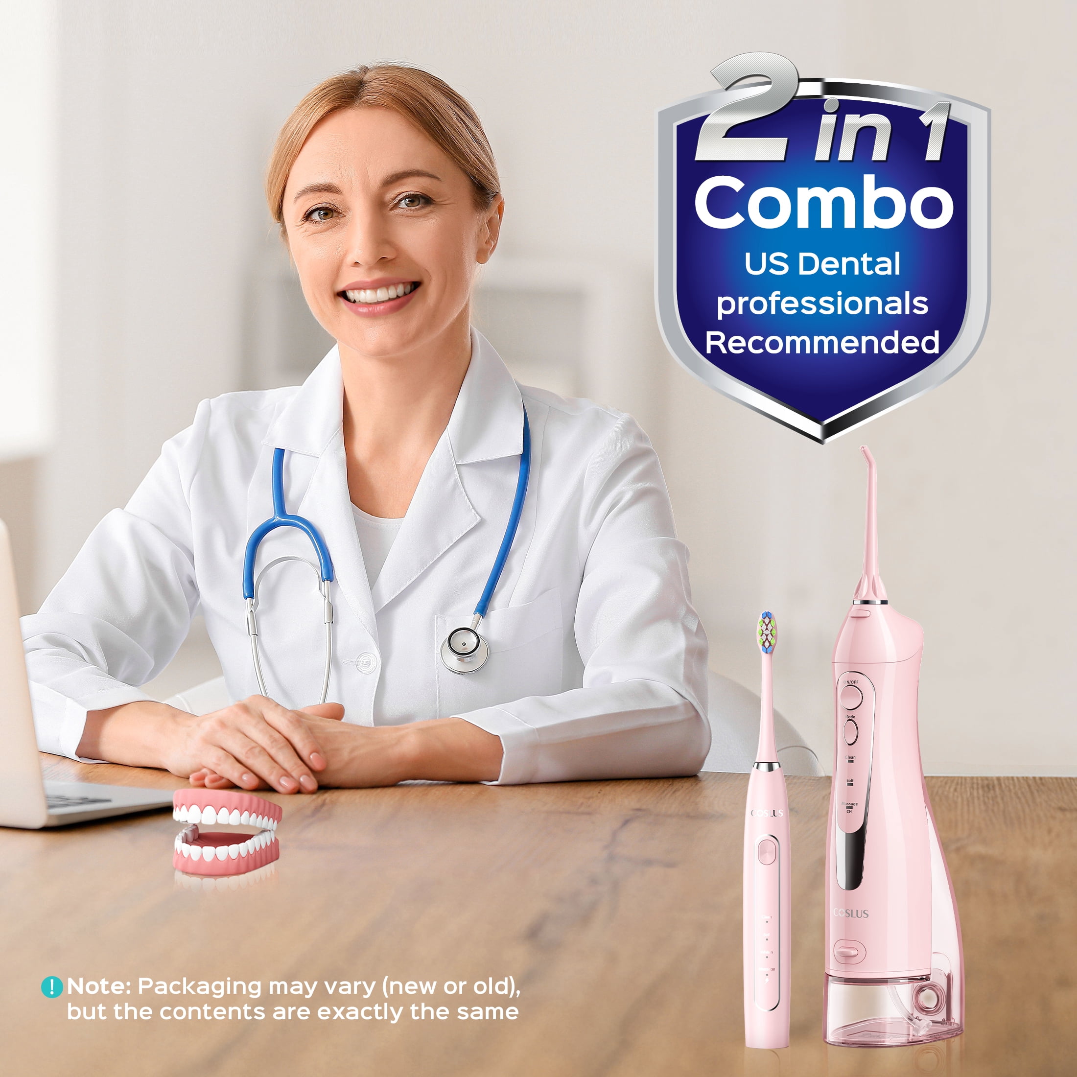 COSLUS Water Dental  Flosser Electric Toothbrush Combo,2-in-1 Oral Clean Kit For Teeth,Braces,Gums Care,Brushing Flossing for Family,Travel Use,Pink