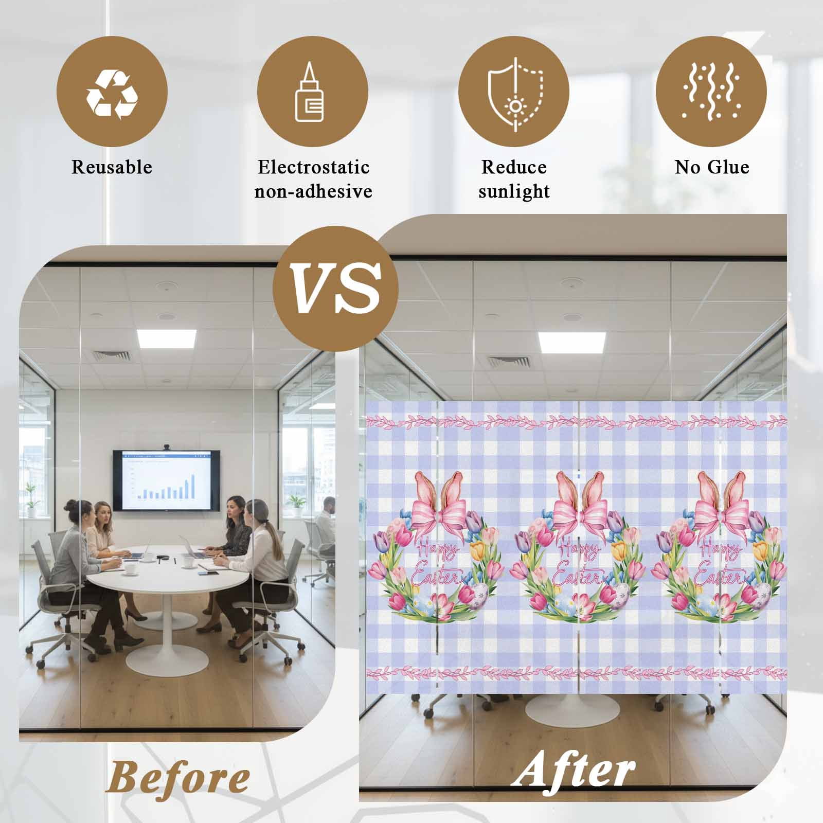 Happy Easter Window Privacy Film, Eggs Tulips Rabbit Ears Pink Leaf Purple Plaid Frosted Glass Window Clings Static Cling UV Heat Blocking Reusable Door Sticker for Bathroom 23.6 x 59 Inch