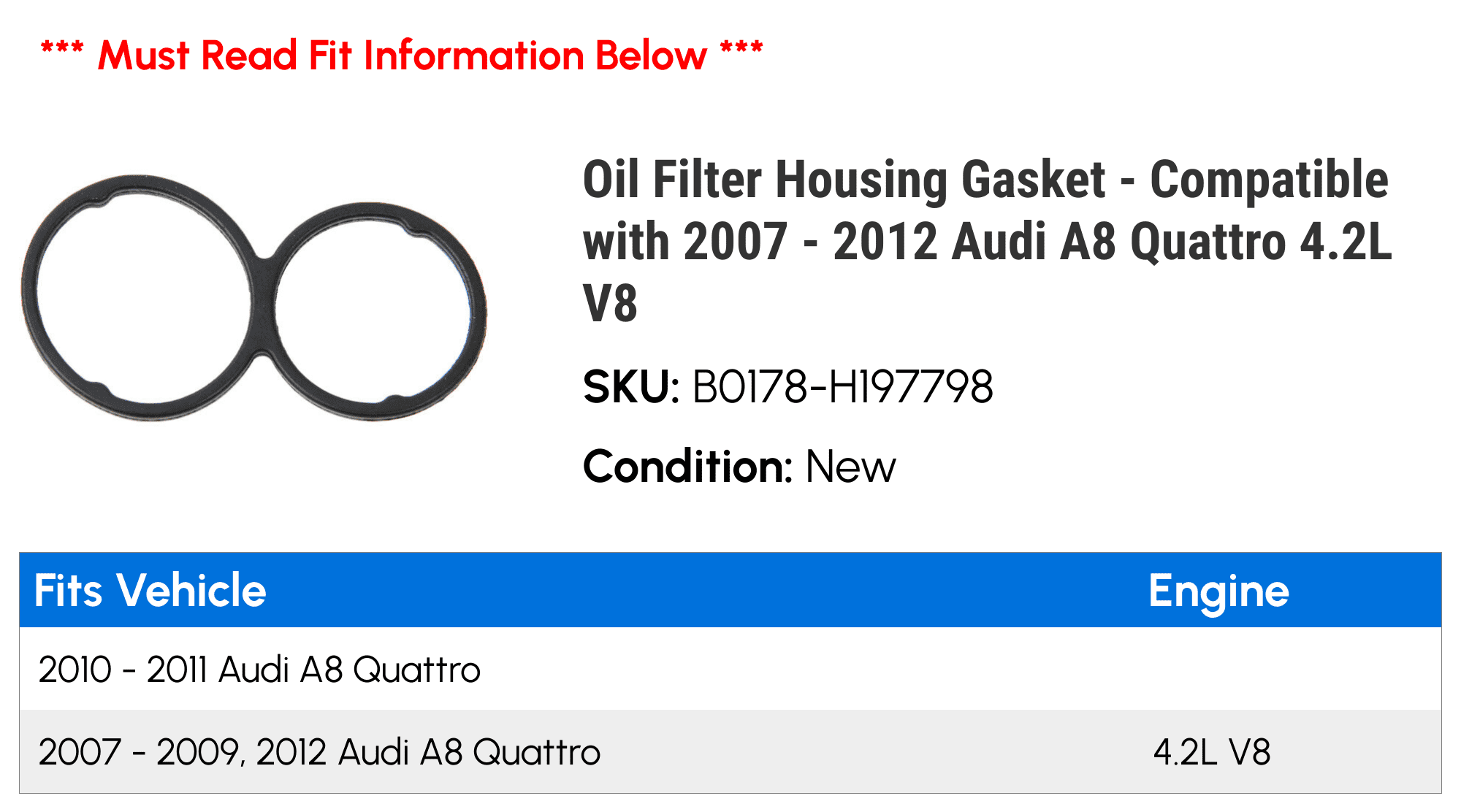 Oil Filter Housing Gasket - Compatible with 2007 - 2012 Audi A8 Quattro 4.2L V8 2008 2009 2010 2011