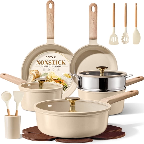 CAROTE 19-Piece Ceramic Pots and Pans Set, Nonstick Cookware Set with Lids, Induction Compatible, Oatmeal