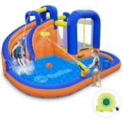 Inflatable Waterslide, Extra Thick Water Bounce Hose with Blower, Backyard Playsets for Kids with Long Slide, Basketball Hoop and Climbing Wall, Kids Summer Toys Outdoor