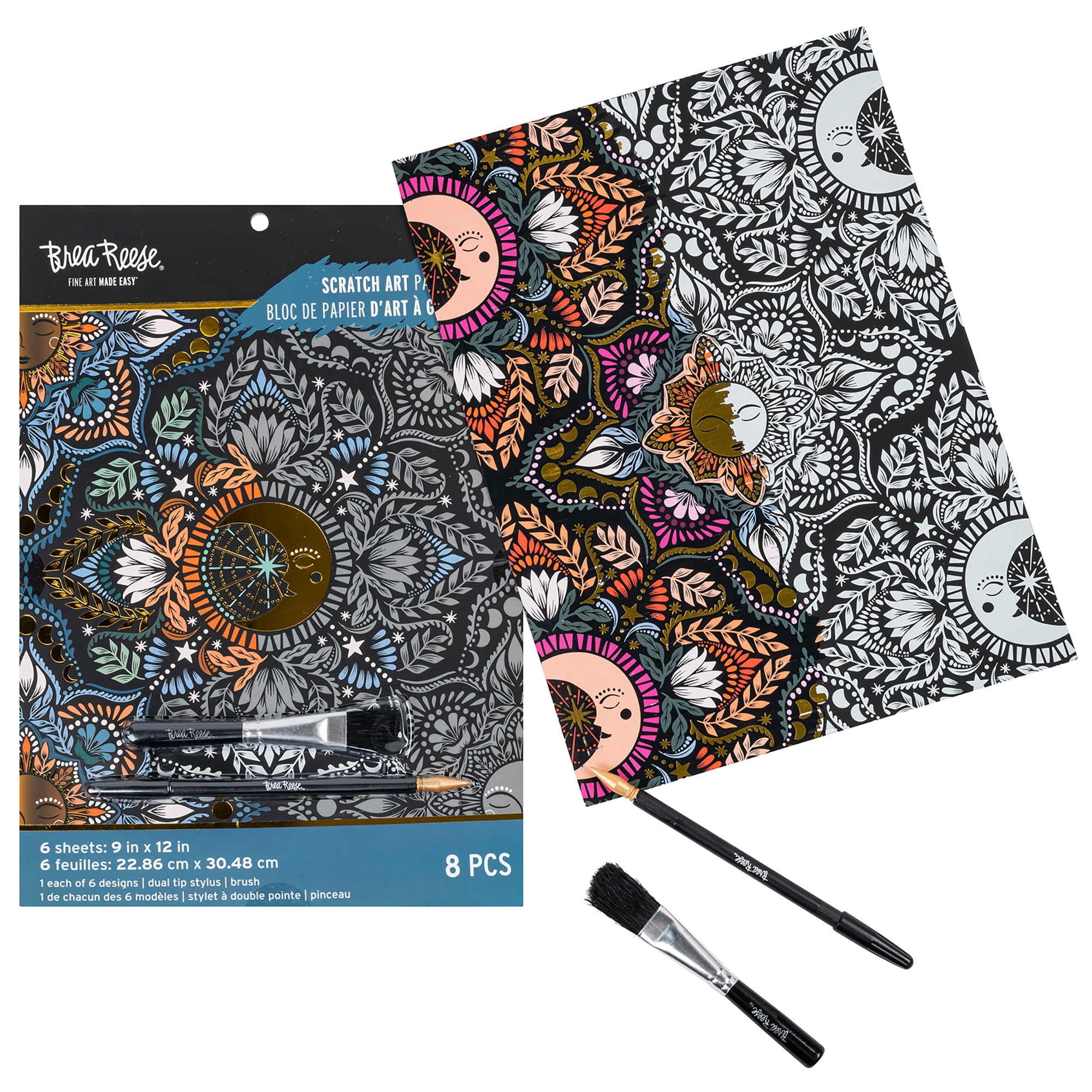Brea Reese: Scratch Art Paper Pad - Moon & Sun - 6 Designs, Metallic Guided Art, Dual-Tip Stylus & Brush, Easy-to-Frame 9x12" Pages, Adult Craft Kit