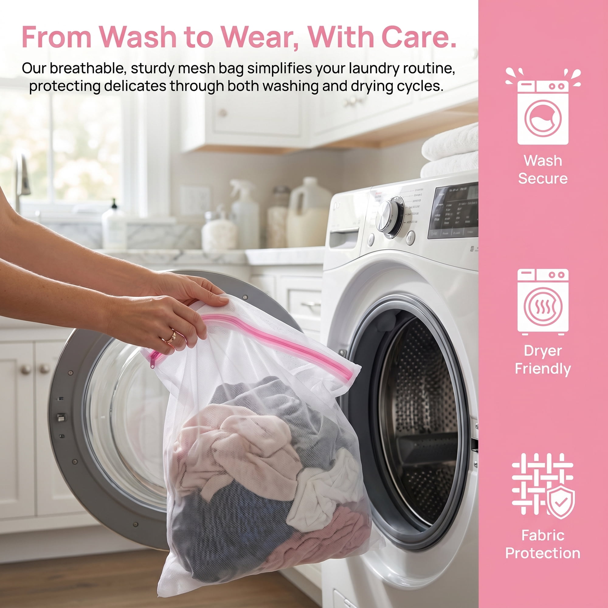 Unique Bargains 3Pcs Durable Mesh Zipper Closure Laundry Bag White-Pink 15.7" x 19.7"
