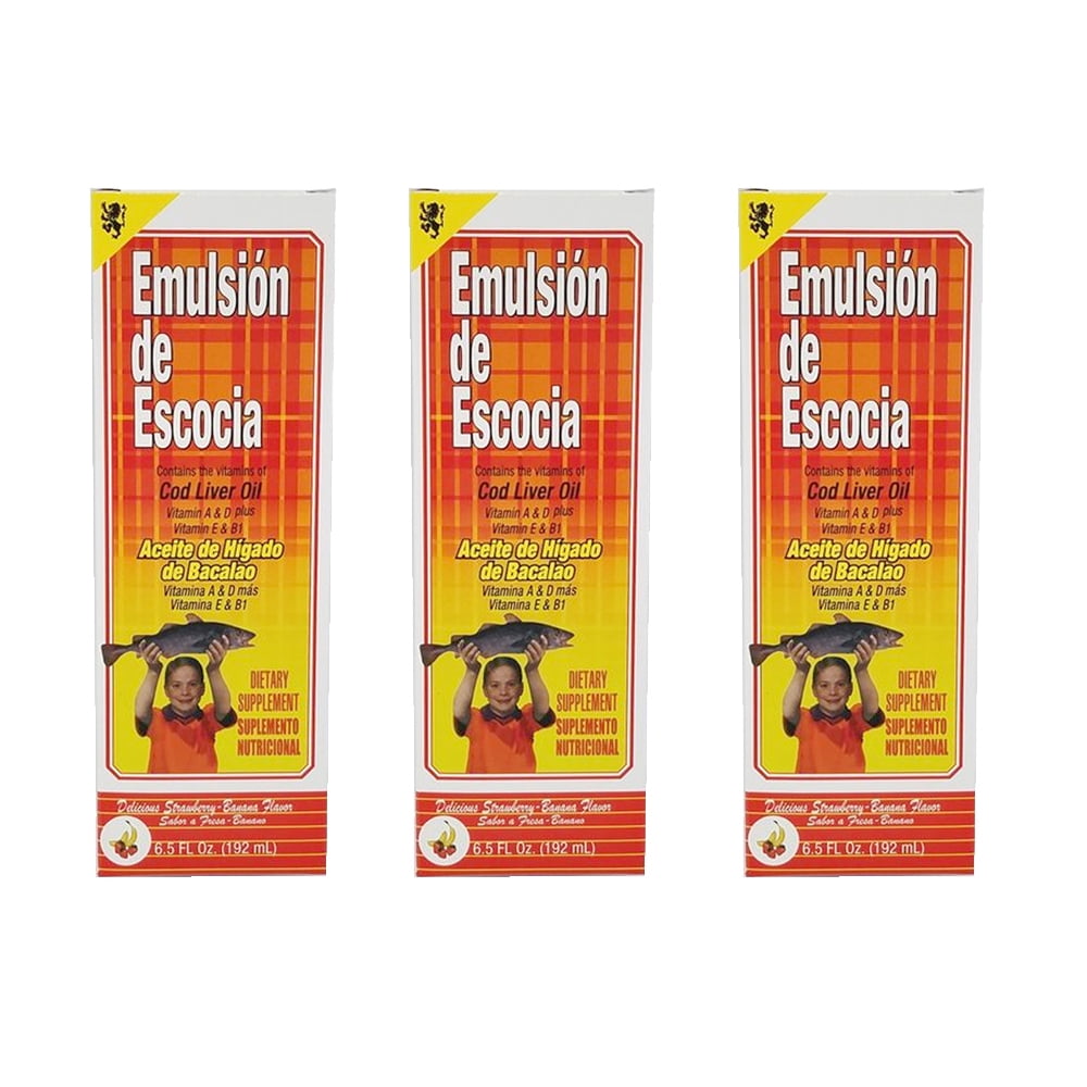 Emulsion De Escocia. Cod Liver Oil Dietary Supplement. Rich in Vitamins A, D, E and B1. Strawberry & Banana Flavour. 6.5 fl.oz. Pack of 3