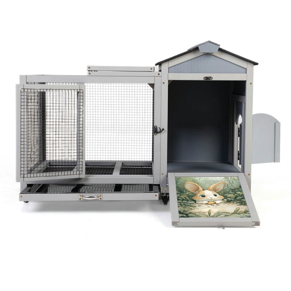 Spaco Wooden Rabbit Hutch, Small Animal House with Casters, Bunny Cage Pet House for Rabbits, Ducks, Squirrels, and Guinea Pigs, Grey