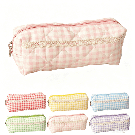 Btomtd Plaid Lace Trim Fabric Pencil Pouch, Multi-Purpose Pencil Bag for Cosmetics Accessories, Home Travel Storage Organizer Pencil Case, Pink