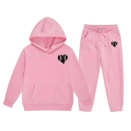 Zhuashum 8-9 Years Girl Outfits Spring And Autumn Two Piece Hoodie Set Cartoon Graphic Long Sleeved Pullover Hooded Sweatpants Classic Gift Pink