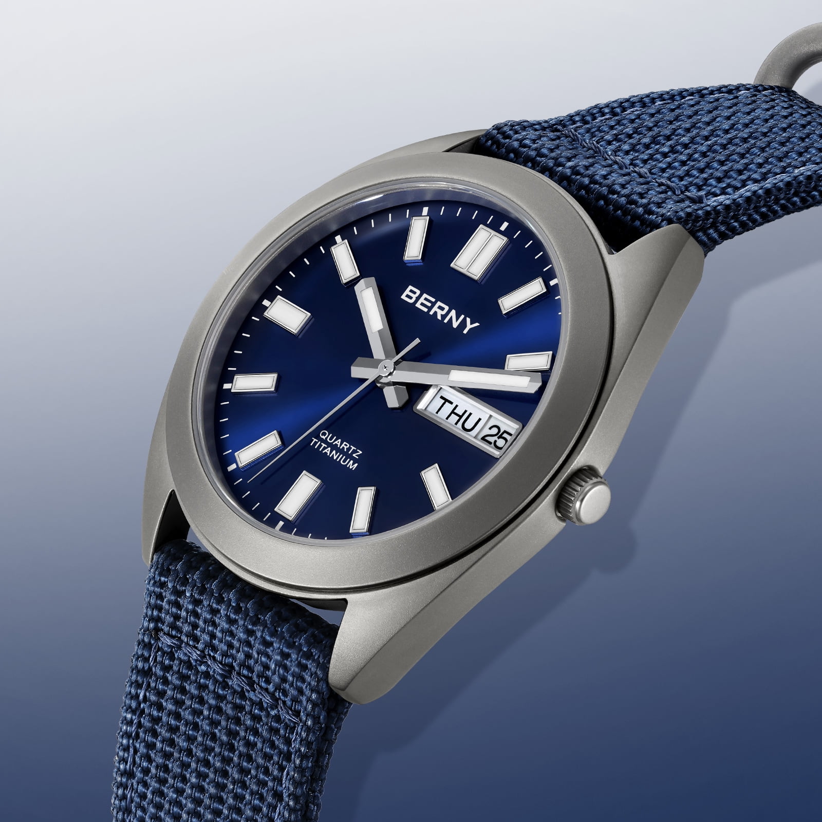 BERNY Titanium Watch for Men, Sport Men's Field Watch, Military Analog Quartz Watch with Date, Nylon Strap, Japanese Quartz Movement, Super Luminous, 10ATM Waterproof Army Wristwatch, Blue
