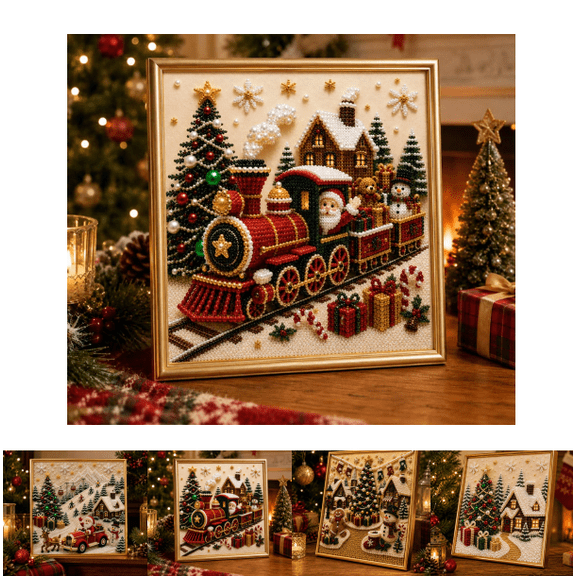 2026 Christmas Pearl Diamond Painting Art Kit with Frame, Gemstone Pearl Beads Craft for Tabletop Mounting Wall Home Decor, Relaxing & Beginner-Friendly (Santa Christmas Train)
