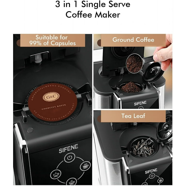 SiFENE 3-in-1 Single Serve K-Cup Brewer, Grounds Coffee Maker, - Technical View