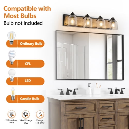 ACE-LIGHTS,4-Light Farmhouse Vanity Light Fixture,Bathroom Wall Sconce(Bulb Not Included) with Clear Seeded Glass Shades,Modern Industrial Design for Bathroom,Bedroom,Entrance,Passage(Black)