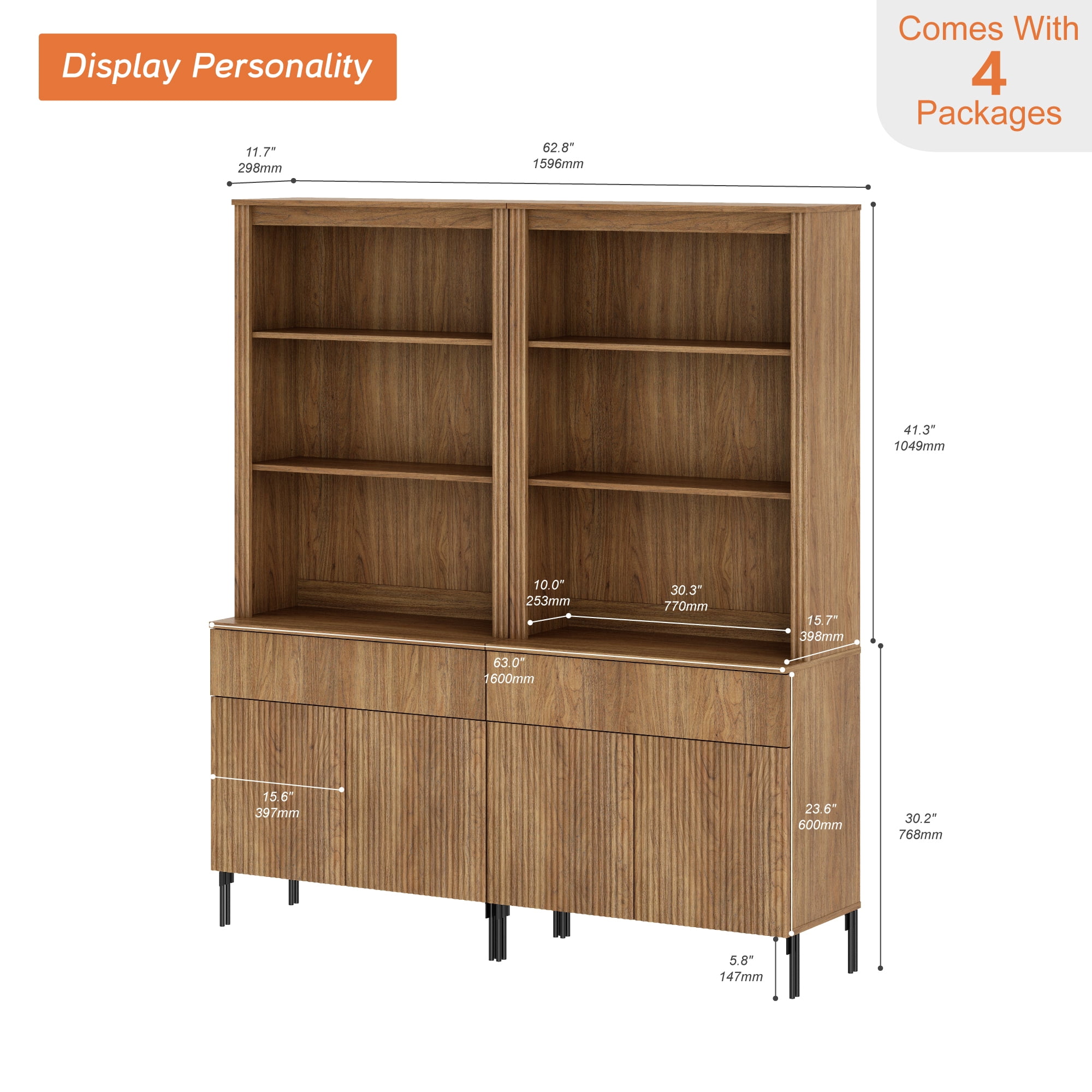 63"W Fluted Kitchen Hutch Sideboard with Adjustable Shelves, Wooden Modern 10-Tier Buffet Hutch Cabinet with 4 Doors And 2 Drawers