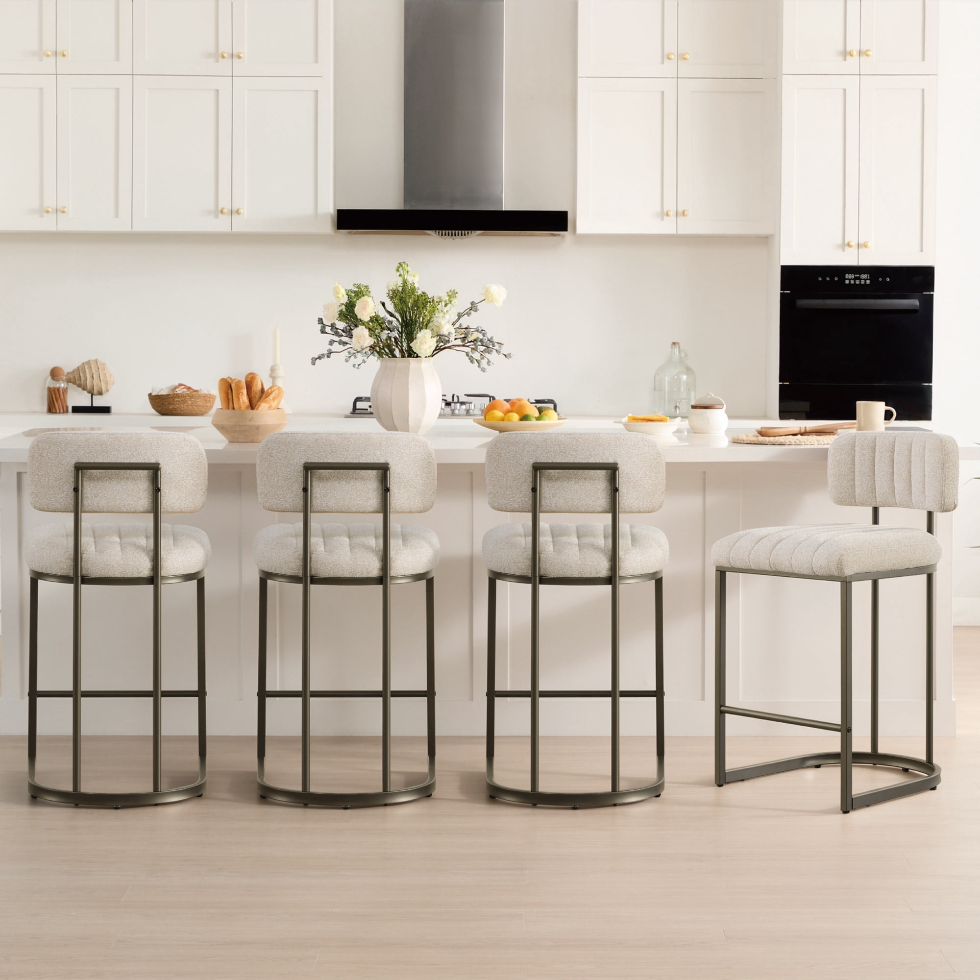 Spruce & Spring 30.5" Swivel Bar Stools Set of 2, Upholstered Bar Chairs with Curved Back & Channel Tufting, Metal Base for Kitchen Island & Home Bar, Sand