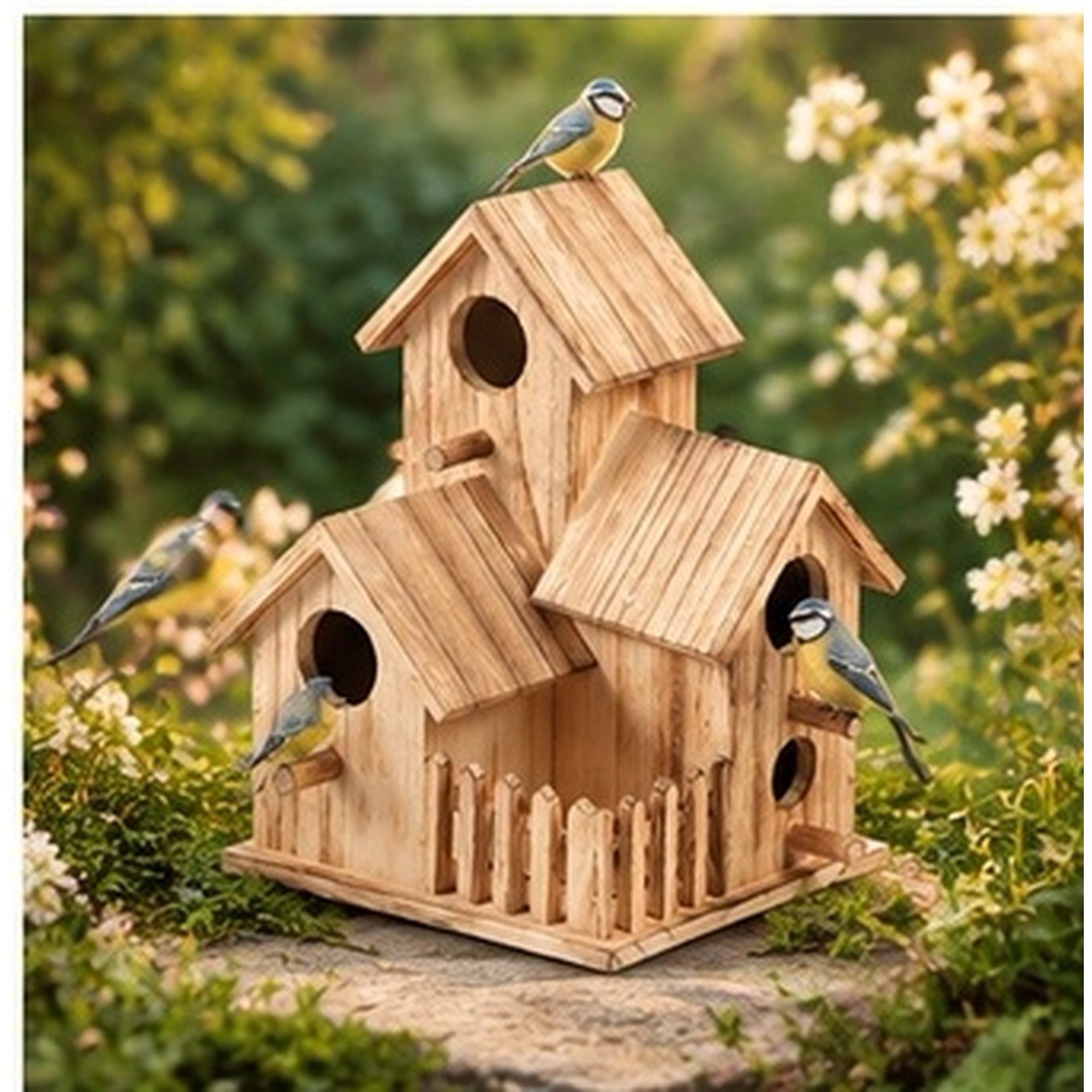 ROSENICE Garden Bird House Bamboo Brown Multi Room Design Smooth Sanded Edges for Porch Hanging Decor