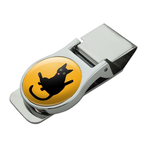 Black Cat Lifting Leg and Licking Satin Chrome Plated Metal Money Clip