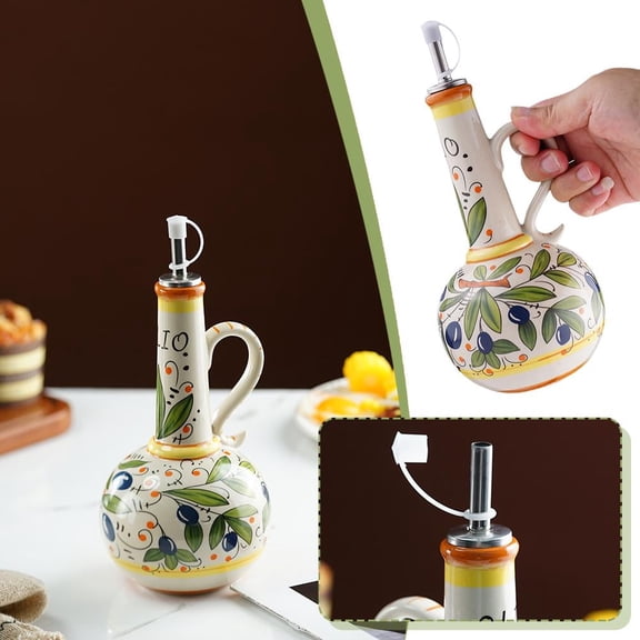 25oz Ceramic Olive Oil Dispenser - Hand Painted Vinegar Cruet Bottle, Opaque Ceramic Oil Dispenser Pot with Stainless Steel Drip-Proof Spout
