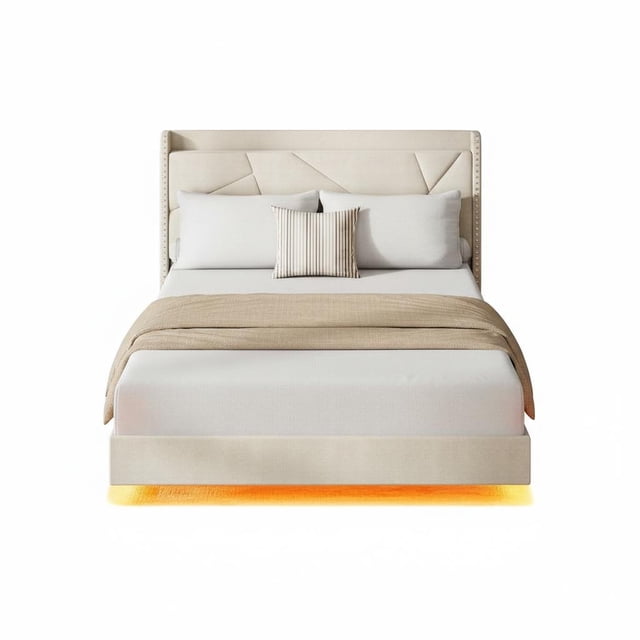 Towallmark Modern Queen Floating Bed Frame with LED Lights & Storage Headboard – Smart Platform Bed with Charging Station, King Grey