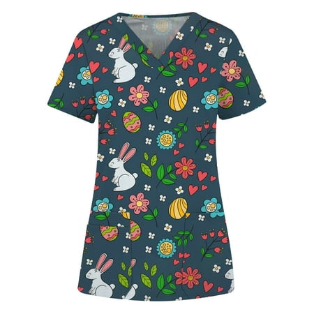 

Shldybc Women Scrub Tops Easter Egg Bunny Print Working Uniform Short Sleeve V Neck Workwear Blouse T-shirt with Pockets