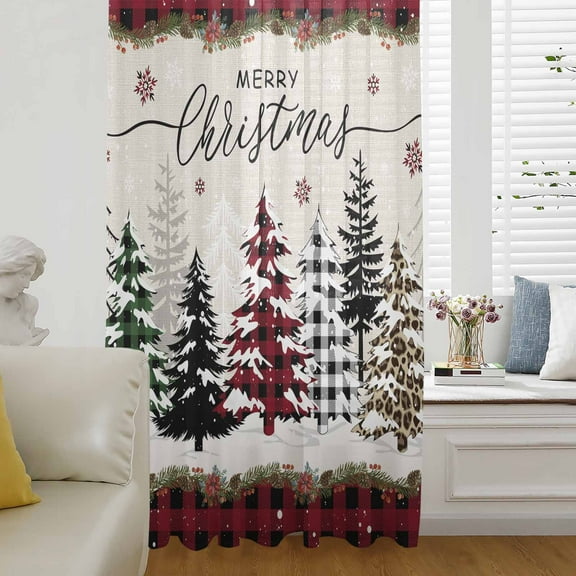 Christmas Tree Semi Sheer Curtains Drapes for Living Room, Bedroom, French Doors Window 54 Inches Long, Red Black Plaid Xmas Snowflake Rod Pocket Chiffon Curtain Drapery Voile Draperies Panel