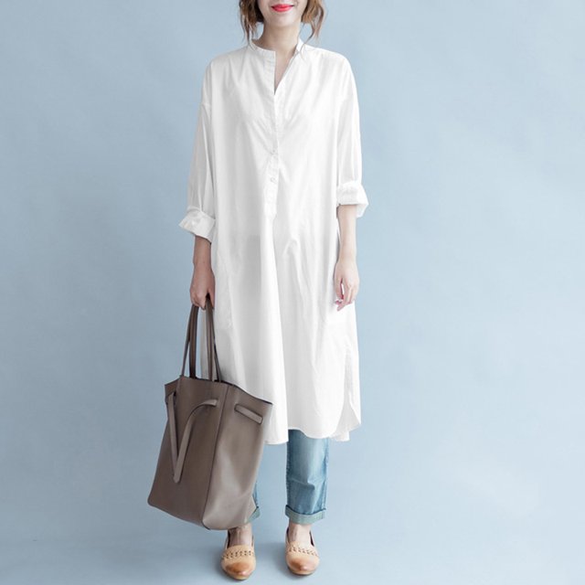 Camisa suelta de color sólido de las mujeres de moda Botones de manga larga con cuello redondo Blusa Abanopi Blanco/L