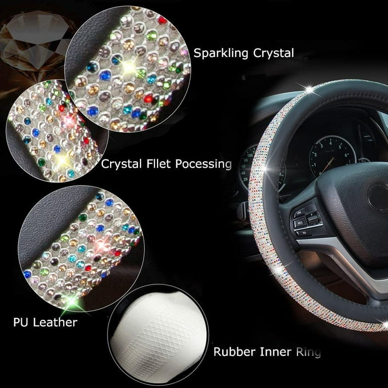 New Diamond Leather Steering Wheel Cover with Bling Bling Crystal Rhinestones Universal Fit 15 Inch Car Wheel Protector for Women Girls Black with
