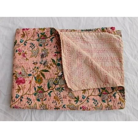 Indian Handmade Floral Print Pure kantha quilt vintage quilt cotton Throw Bedding Kantha Bedcover Quee Size 90 x108 Size