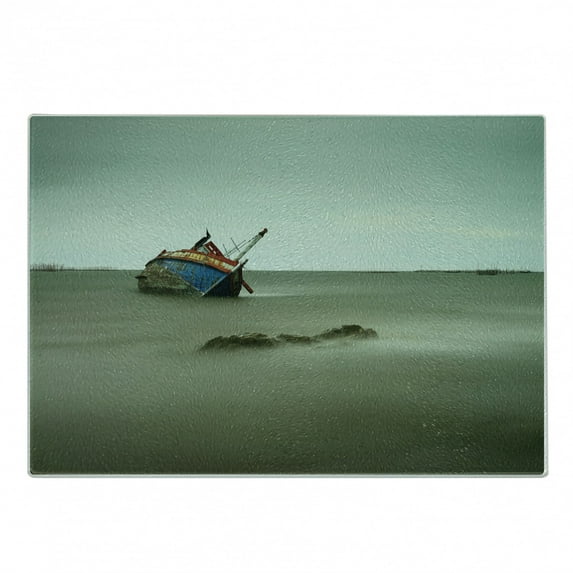 Shipwreck Cutting Board, Old Photo of Decadent Derelict Fishing Boat Bow in Thailand Summer Day Sunrise, Decorative Tempered Glass Cutting and Serving Board, Small Size, Grey Blue, by Ambesonne