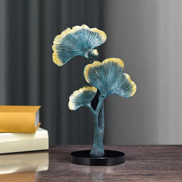 Creative Ginkgo Biloba Adornos Estatua Planta de imitación con Base Mobiliario Accesorios decorativos para oficina Dormitorio pequeña sala Decoración azul Fernando Escultura de hoja de ginkgo